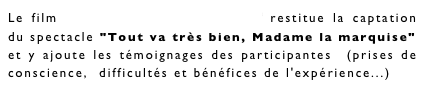 Le film "Tout Va Très Bien, Mesdames..." restitue la captation du spectacle "Tout va très bien, Madame la marquise"
et y ajoute les témoignages des participantes  (prises de conscience,  difficultés et bénéfices de l'expérience...)